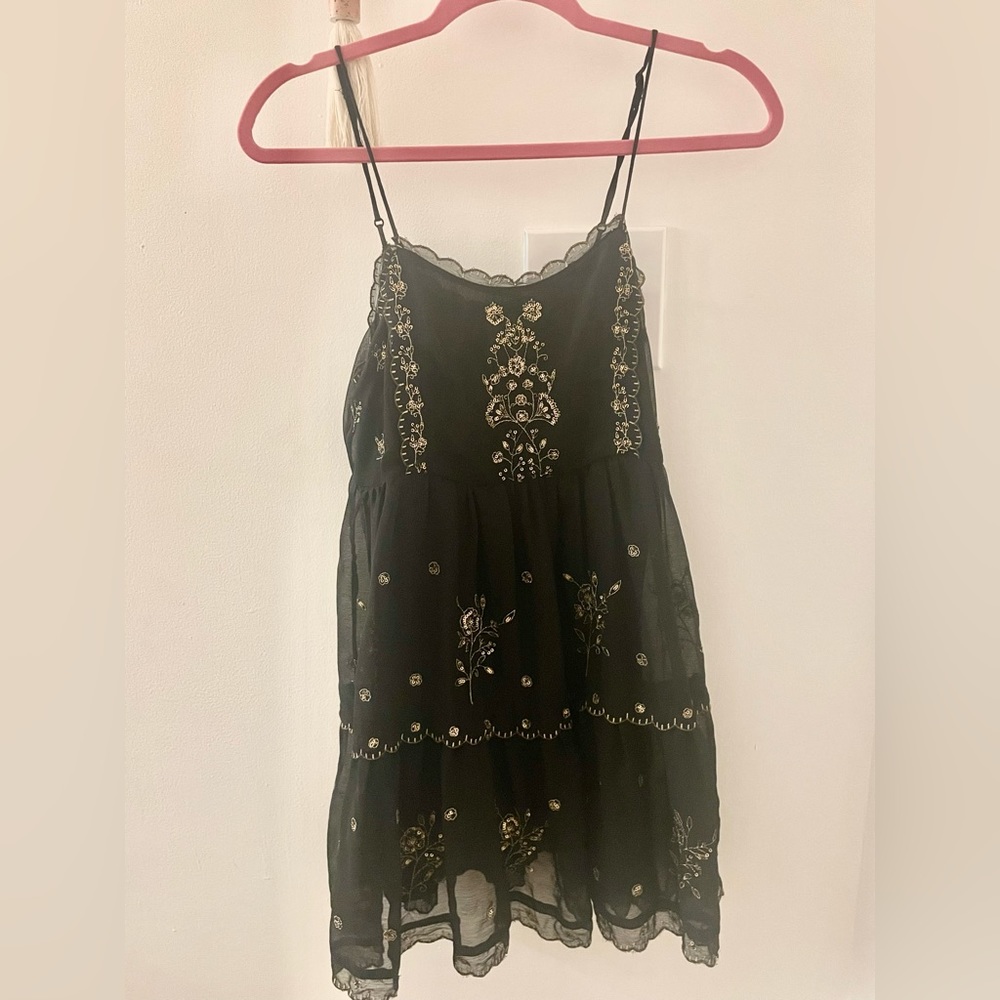 Urban Outfitters Black and Gold Printed Babydoll Mini Dress